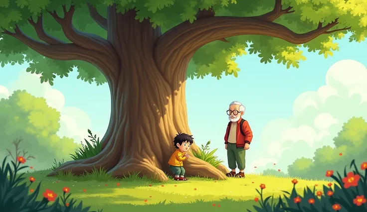 **The Outdoor Tree**:A boy is grow up A 2 boy and his grandfather looking big tree in garden cartoon 