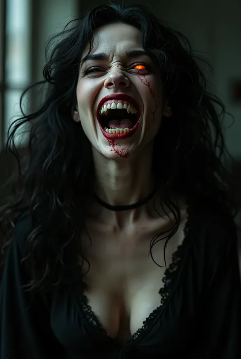 carnivorous amazingly scary female vampire, 20yo, scary, A nightmarish, terrifying face, Long, sharp claws, glowing eyes, (The capillaries are faintly seen on the skin of the face and body:1.8), grin,4K, 8K, photoreal, sensual, Long, sharp canines, Ferocio...