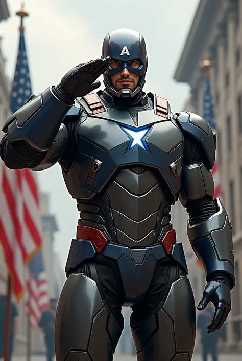 The iron patriot with his mask open saluting. 