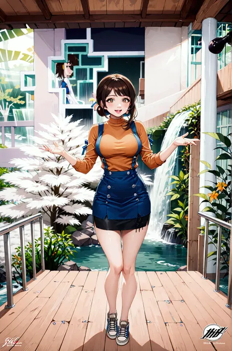 realistic anime illustration of young woman, smiling and posing at indoor waterfall, she is in dark brown hair (+swept-side bangs), wears 3/4 sleeve orange rounded neck blouse, prussian-blue denim vest, navy-blue denim pencil skirt, sneakers, (1girl, solo,...