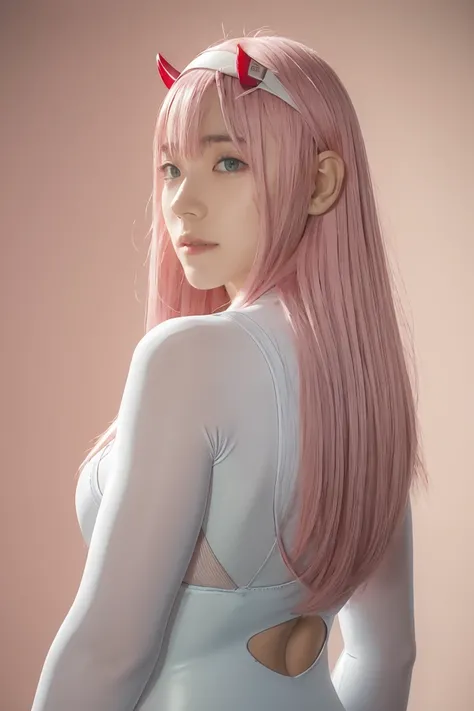 ((best quality)),((highly detailed)),masterpiece,absurdres,detailed face,beautiful face,((detailed eyes, deep eyes)),(1girl),((dynamic pose)),   Zero_Two, green eyes, 1girl, solo, red bodysuit, long hair, pilot suit, pink hair, bodysuit, straight hair, hai...