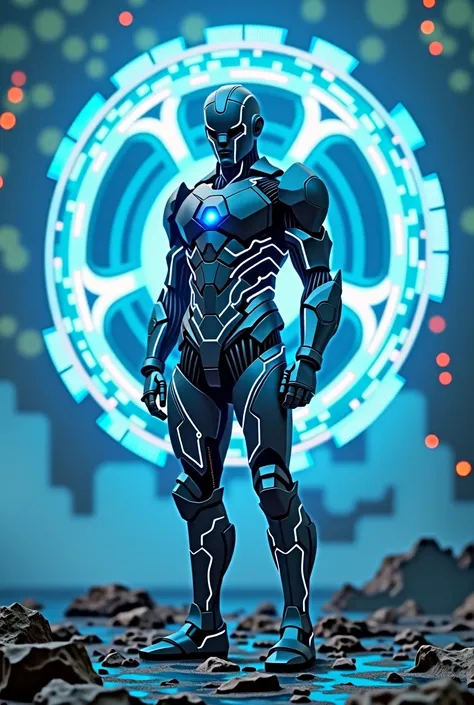 Create a futuristic warrior standing confidently, wearing sleek, high-tech armor with glowing blue elements. The armor should feature metallic lines with integrated circuits and digital displays. Behind the warrior, theres a large, glowing blue symbol repr...