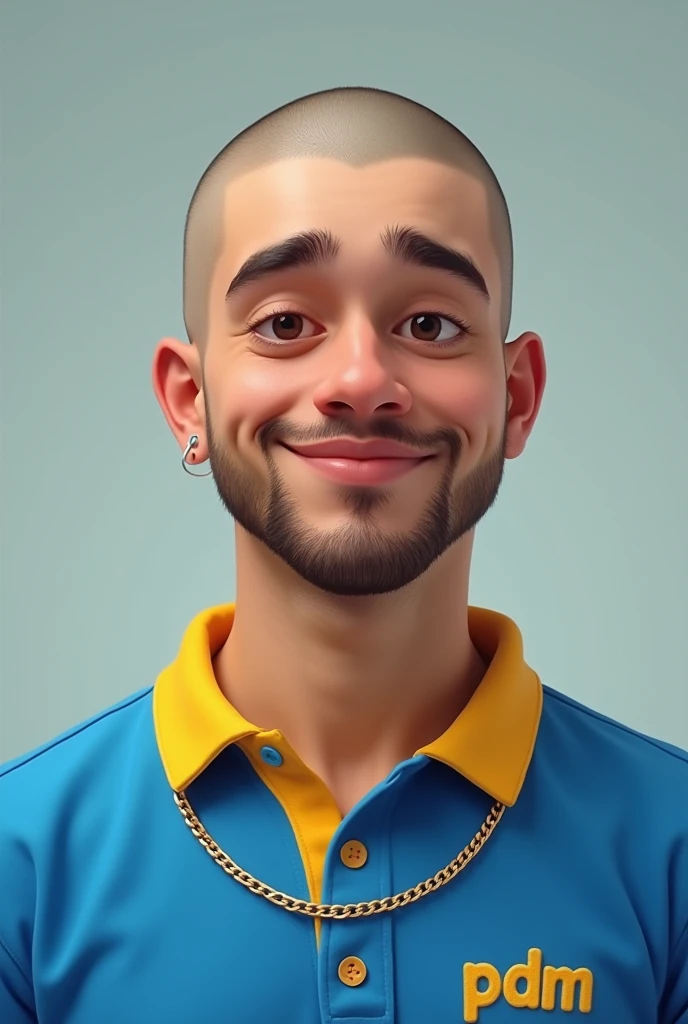 young adult man shaved hair fair skin small round nose big round cheeks big lips with short goatee small smile and full lips without earrings and with a gold chain wearing blue polo t-shirt with yellow collars with "PDM" written on the chest