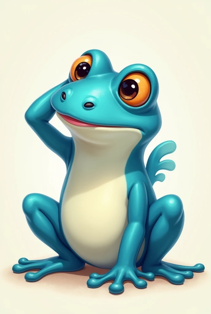 Froge the frog blue skin with small smile on face with other hand over the head