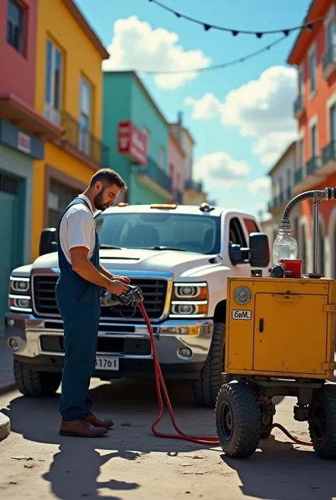 Make me an image in which a person is dressed in overalls, a white shirt and navy blue overalls in which he is servicing a white 4x4 sporty truck. , The service is with a small, yellow, industrial-colored square machine that is shaped like a cart and has t...