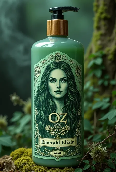 Label for a bottle of herbal-scented shampoo where the brand concept is alchemy and the witch of Oz, including the name of the scent as well as the name of the brand, which is OZ.