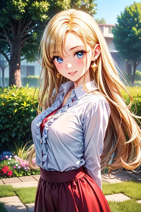 Girl posing for a photo, animeのcute女の子, ((One Girl)), ((Baby Face:1.3)) + ((cute:1.3)), 
break 

((white ruffle dress shirt)) + ((Matte pink wide long skirt)), 
((Red earrings)), ((fancy gold bracelet)), 
break 

((Blonde:1.2)), ((slicked back hair:1.4)), ...