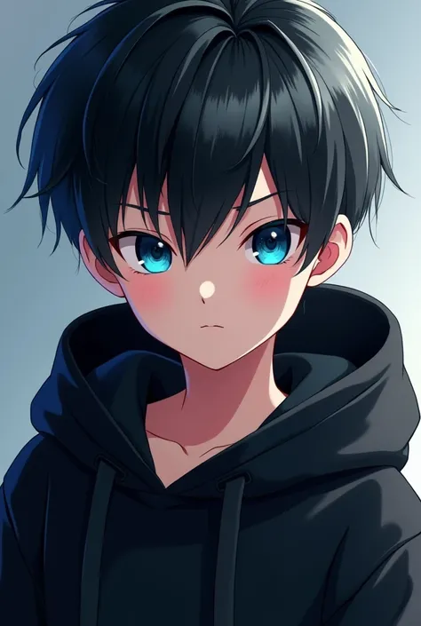 1 boy, anime style, black hair, blue eyes, black hoodie, looking at camera, best quality, 4k, 8k, highres, masterpiece, ultra-detailed, realistic, photorealistic, HDR, UHD, studio lighting, ultra-fine painting, sharp focus, physically-based rendering, extr...