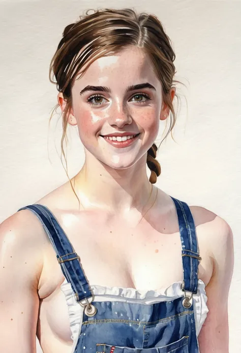 a watercolor painting of a nude ((pale skin)), defined muscles, six-pack abs, freckled, brunette teenager resembling Emma Watson, with hazel eyes, blushing cheeks, pigtails, overalls, smiling, in the style of Norman Rockwell