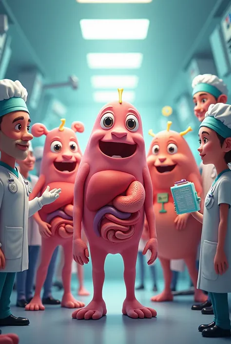 Happy organs surrounded by doctors and surgeons and nurses