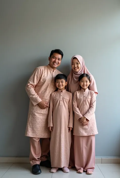 Studio photo of an Indonesian Muslim family against a plain gray wall with softbox lighting, taken with a DSLR camera. The father is 40 years old, the mother is 3, the daughter is , the son is , and the daughter is . Father wears a Malay traditional cloth,...