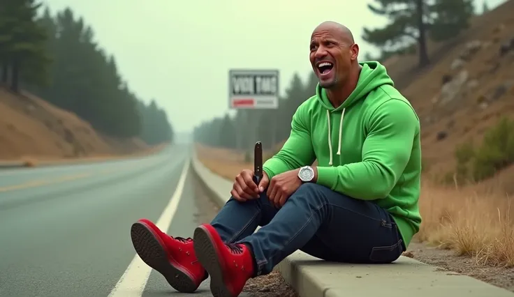 "Create an image of Dwayne Johnson sitting on the side of a road. However, his height has been humorously reduced, making him much shorter than usual. His facial expression is exaggerated and comical, as if he is surprised or confused. He is wearing a brig...