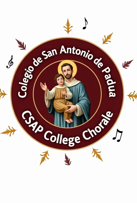 Make a logo of COLEGIO DE SAN ANTONIO DE PADUA CSAP COLLEGE CHORALE  with the saint anthony holding a child in the background and the background should be maroon and add leaves and musical symbols esp. Treble cleff  and notes put this in the upper part " C...