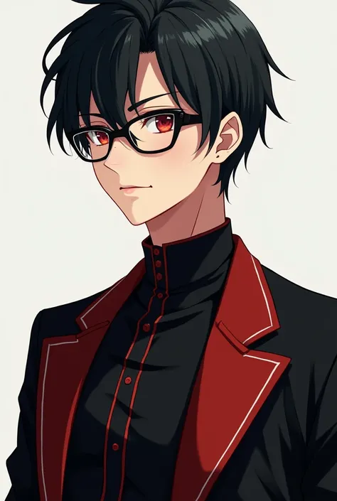 Generate a anime boy with glasses in black and red clothes