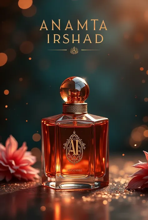 Generate a poster of perfume brand of name "anamta Irshad" with monogram AI that can be draw . With a perfume bottle in it. Add a caption or slogan