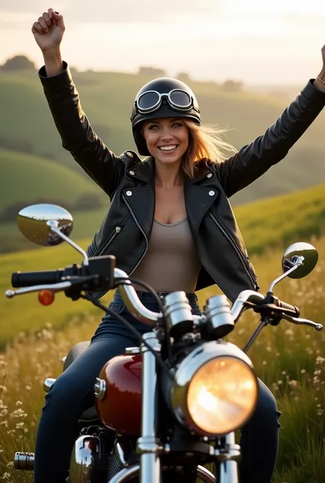 Wide-angle shot A beautiful, pretty, vivacious, smiling woman with short hair sits triumphantly with her arms raised high, atop a gleaming vintage American cruiser bike, fully loaded with travel gear. She wears a sleek black leather jacket with intricate s...