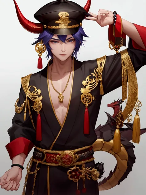 A male with cap and have a asia style dragon horn at the top of head