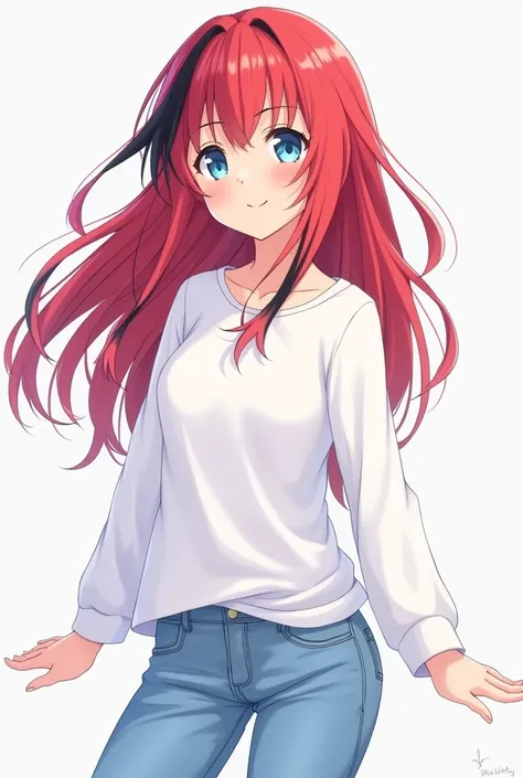 anime、girl. Long Red Hair、blue eyes, Hair with black highlights on the right side. Wearing a white long-sleeved collared T-shirt and light blue jeans. Wear sneakers