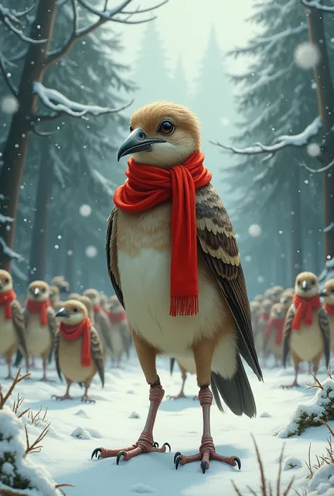 Illustration of a sparrow with human limbs。Wearing a red scarf。In the winter forest。8th life。In an incredibly large group。party。