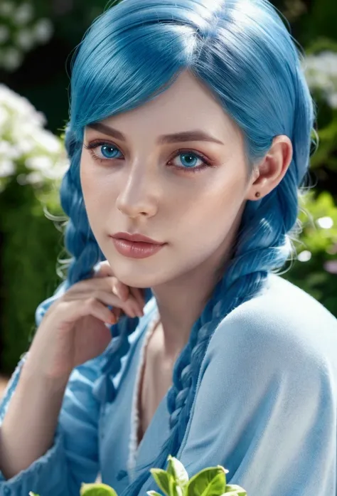 a beautiful woman with blue hair, casual clothes, beautiful detailed eyes, beautiful detailed lips, extremely detailed eyes and face, long eyelashes, sitting in a garden, (best quality,4k,8k,highres,masterpiece:1.2),ultra-detailed,(realistic,photorealistic...