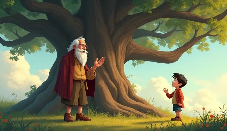 A old boy is 20 years old***Grandfathers Wisdom**: A old 20years old boy and his grandfather is standing next to the huge tree, explaining life lessons to the boy. His expression is wise and kind, and the boy is listening intently. The massive tree in the ...