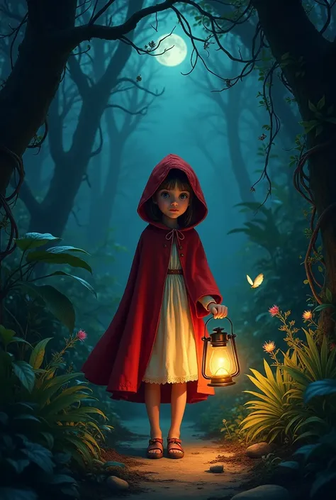 A young, brave Little Red Riding Hood, her crimson cloak standing out starkly against the inky blackness of the jungle night. She holds a flickering lantern aloft with a determined grip, casting a warm, golden glow that pierces the dense foliage. Her eyes ...