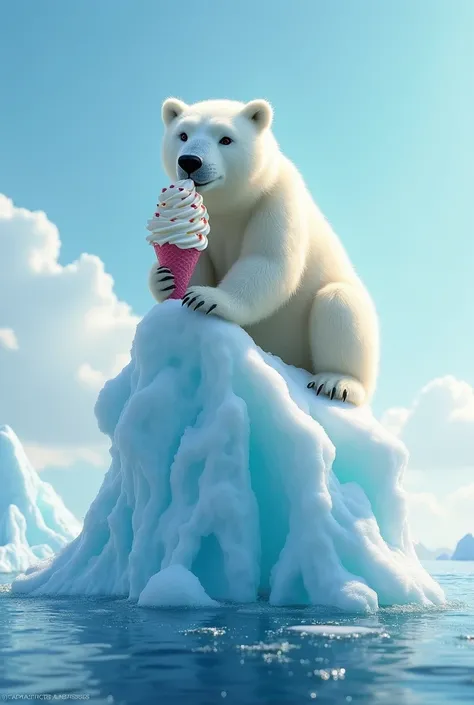 An iceberg, with a polar bear sitting on the peak while eating ice cream