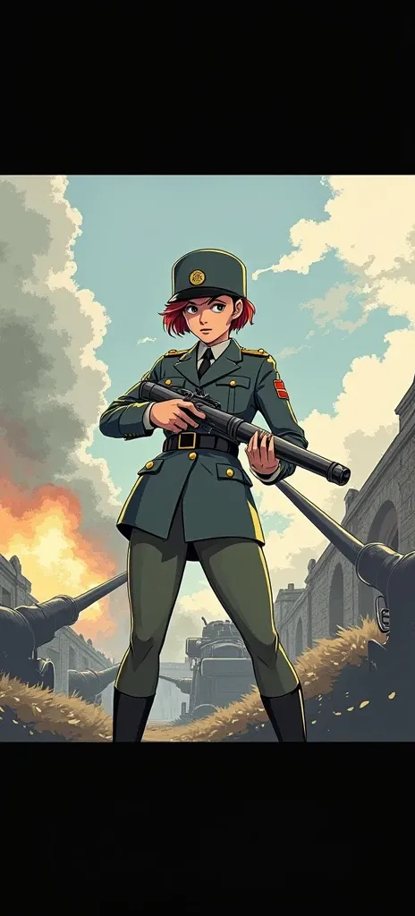 Art inspired by John Buscema, World War II poster, we see a female cadet holding a mortar, perfect military uniform, short hair up to the shoulders, Red hair color, light green eyes, small breasts, corpo delgado, imposing on the battlefield, Cannon fire, A...