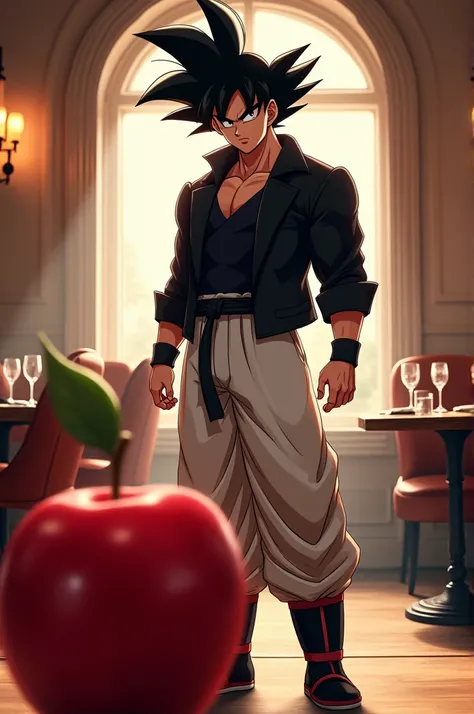 Goku in a black jacket with white black pants in a restaurant with an apple 