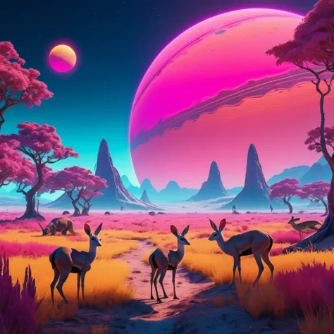 landscape on a strange alien planet, twin suns, atmospheric colours, fields, trees in the background, dense foliage, animals, picturesque, photo, synthwave