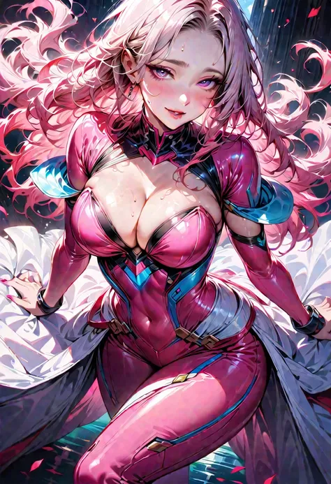 One young and beautiful woman,(Best Quality,Extremely detailed depiction,Incredibly absurd high definition,Anatomically accurate,Curvy Legs,Detailed pupil,Shiny skin,Porcelain-like skin),(Sentai heroine pink woman),(Tight white and pink bodysuit with hi-te...