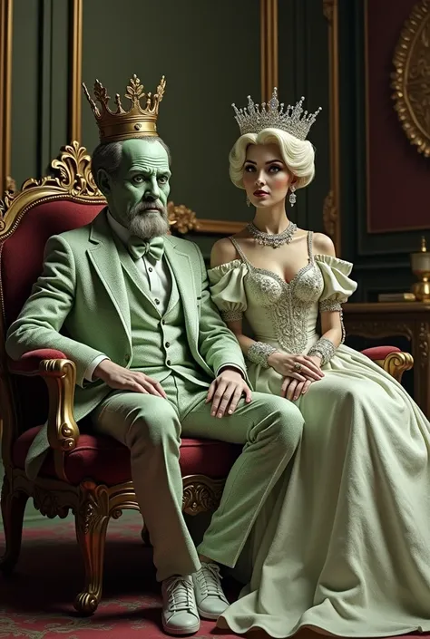 A dollar setting on chair like a man and with His queen wearing Queen Dress, wearing diamond Golden White Crown,And pickup Cigarette on his hand,8k results realistic 