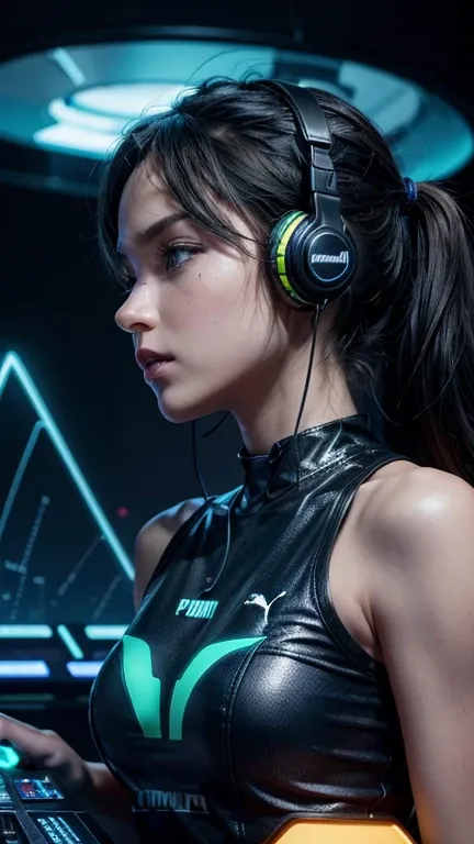 Puma with a headset, using a DJ controller, create a cinematic style image with the name "DMBMIX" as your YouTube channel cover, featuring a futuristic, high-tech design inspired by cinematic innovation, with a Dominant colors of Ruby and Green accented by...