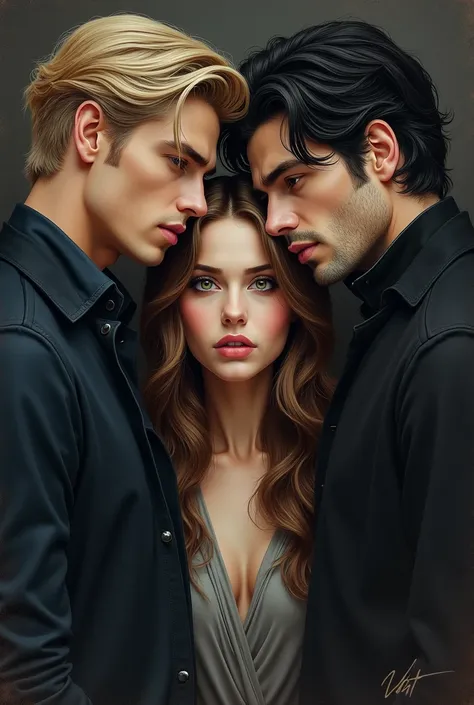 Dark romance, a man with blond hair and amber eyes, and another with black hair and blue eyes. A woman in the middle of the two with brown hair and an innocent face, in the form of a drawing. 