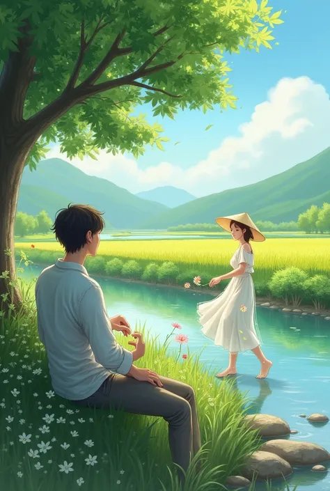  We created an image of a man sitting under a tree, next to a crystal clear river, watching a woman in a rice field in the distance, plucking a flower and the woman has a white dress with flowers and a pretty hat.