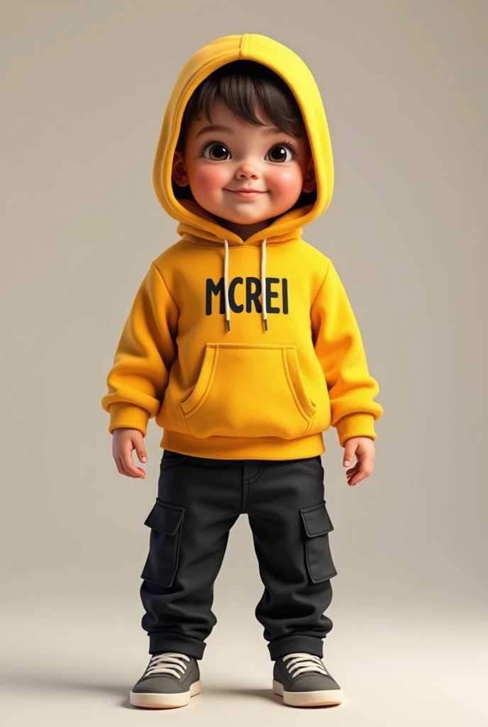 A baby boy wearing a yellow hodiee with front pocket and logo written on black with stiching  MCREI in capital letter on it with inbuilt cap and a black simple pant with box pocket on both side make it real