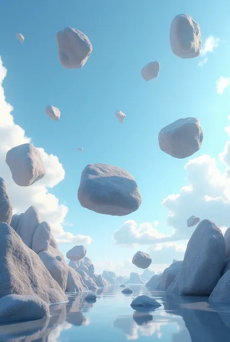 Many beautiful rocks are floating in the sky.