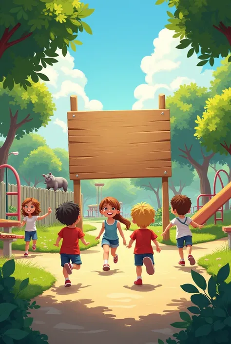 Create a image of park when childrens are playing, animal in the cage and a big wooden board appear on front of park but nothing Write on the wooden board