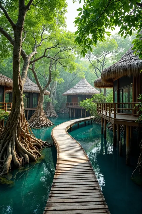 Mangrove forest with villas on water there is wood bridge for yutube tumbnail