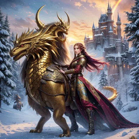 Create a beautiful woman’s in a woman in 
Casual coat and use warrior clothes standing next to a golden dragon on a snowy day with long braided rainbow hair, background the castle romawi and big snowy,Anne Stokes, fantasy art, dragon art, poster art,the ba...