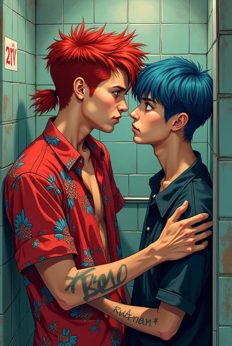 Draw me two young men locked in the toilet. The first has a red mullet hairstyle and a red shirt with floral pattern. The second has a blue bowl cut hairstyle 