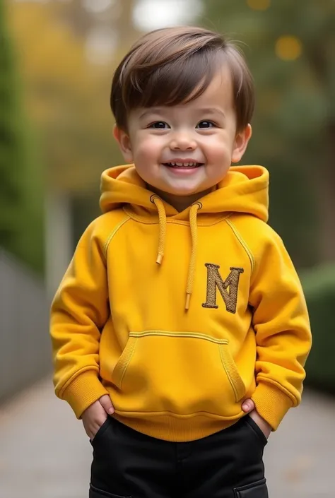 A baby boy wearing a yellow hodiee with front pocket and logo written on black with stiching  MCREI in capital letter on it with inbuilt cap and a black simple pant with box pocket on both side make it feel like real baby boy is wearing it