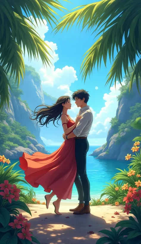 anime two people dancing in a tropical, romantic, epic environment video 