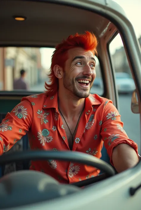 A man with a red mullet hairstyle and a red floral shirt drives in a white van and sings and greets people from the car

