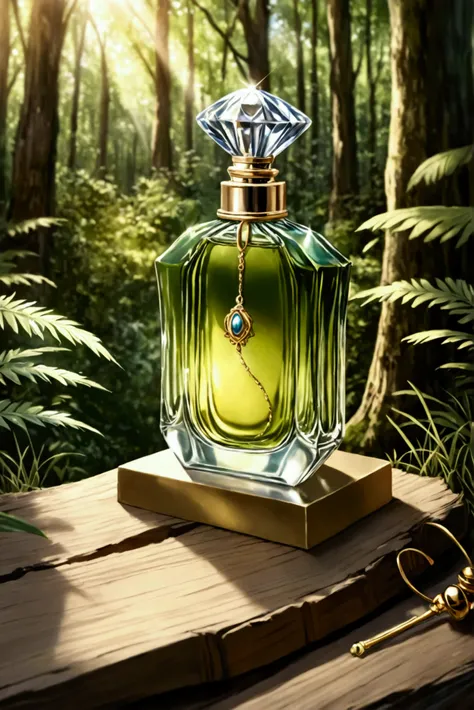 Perfume bottle in the forest of Loris Silva with cocktail dress. Realistic photo. Beautiful light.