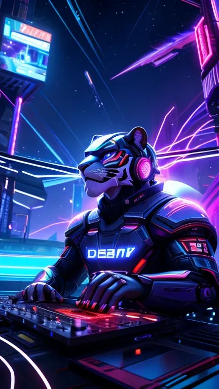 Tigre with a headset, using a DJ controller, create a cinematic style image with the name "DMBMIX" as your YouTube channel cover, featuring a futuristic, high-tech design inspired by cinematic innovation, with a Dominant colors of Ruby and Green accented b...