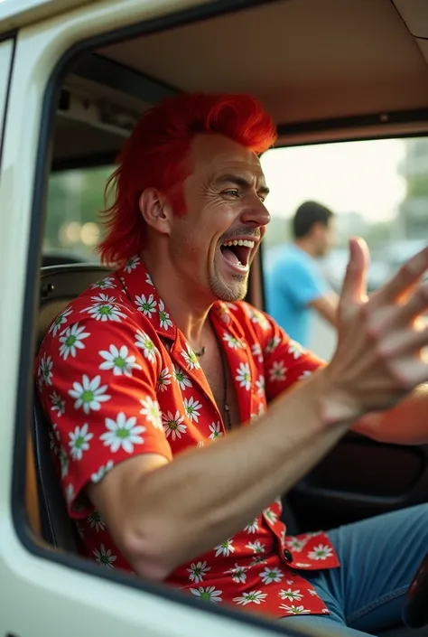 A man with a red mullet hairstyle and a red floral shirt drives in a white van and sings and greets people from the car

