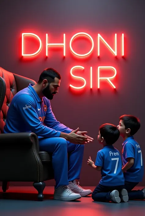 Create a 3D illusion for a profile picture where Mahendra singh dhoni wearing indian blue jersy sitting on a wingchair with side look to blessing a 2 boy by laying his right hand on boy heads. The boy pray before him, because 2 boy is die hard fan of this ...