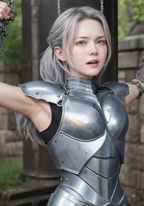 Armpit、female knight、Imprisonment、Chained in a prison、Both hands are in chains、A regretful face、blush、Tears、囚われのfemale knight、Gray Hair、Long Hair、Very reastic clean armpits, armpit lines, armpit pores, SUNSHINE ON SKIN, SUNSHINE ON ARMPIT, Very Realistic, ...