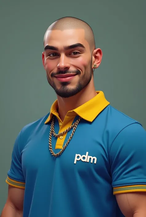 
young adult man shaved hair fair skin small round nose big round cheeks big lips with short goatee small smile and full lips with a gold chain round  wearing blue polo t-shirt with yellow collars saying "PDM" on the chest mandrake style